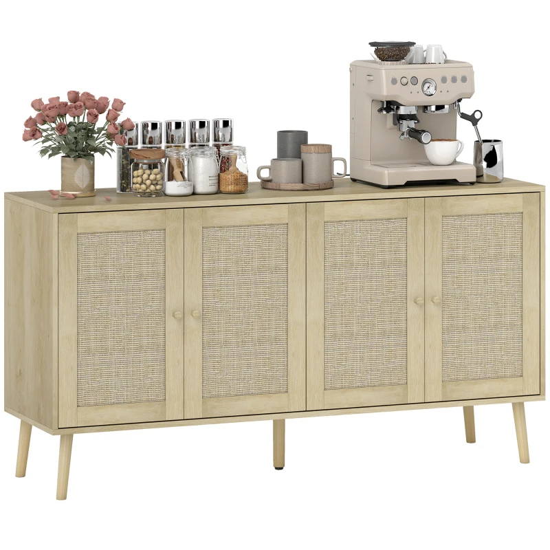 HOMCOM Sideboard mit Geflecht-Türen & verstellbaren Böden, 140 x 40 x 75 cm, Naturholzoptik