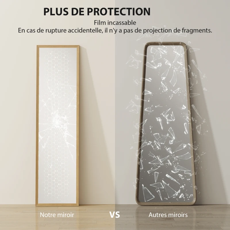 HOMCOM Miroir rectangulaire sur pied miroir de sol pour vestiaire salon salle de bain couloir 40 x 47 x 147 cm naturel