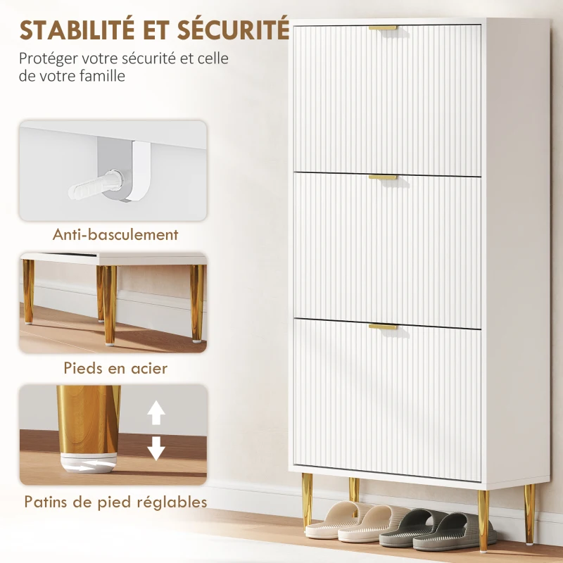 HOMCOM Meuble à chaussures 18 paires avec 3 tiroirs rabattables, portes cannelées et étagères réglables, 60x24x128cm, blanc