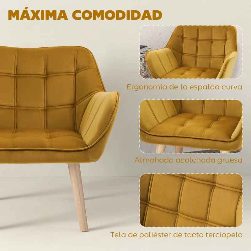 HOMCOM Butaca de Salón Moderna Tapizado en Terciopelo con Asiento Ancho Patas de Madera para Sala de Estar Amarillo