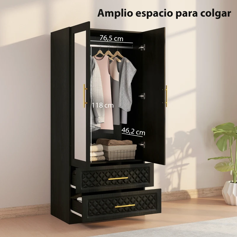 HOMCOM Armario Ropero con Espejo 2 Puertas y 2 Cajones Relieve de Diamante Barra para Colgar 80x50x180 cm Negro