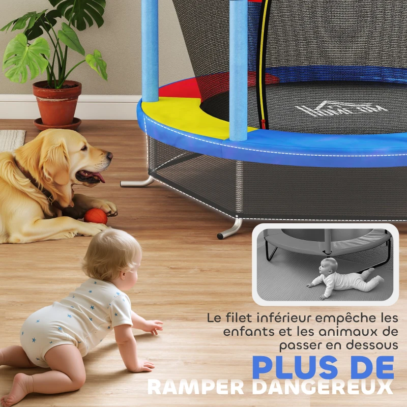 HOMCOM Trampoline pour enfant filet de sécurité porte zippée 6 poteaux rembourrés charge max. 45 kg Ø 1,40 x 1,90H m multicolore