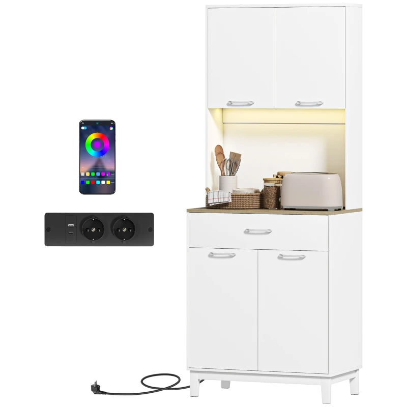 HOMCOM Alacena de Cocina con Luces LED Estación de Carga 4 Puertas Cajón Encimera Abierta 71x40x180 cm Blanco
