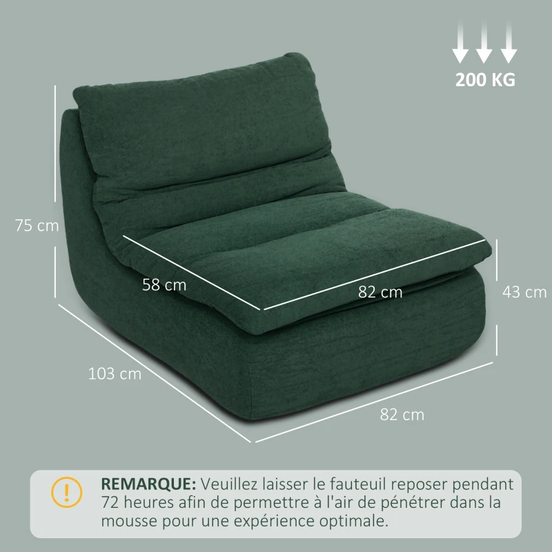 HOMCOM Fauteuil paresseux chauffeuse 1 place en mousse monobloc ultra haute densité, charge 200 Kg, 82x103x75cm, vert
