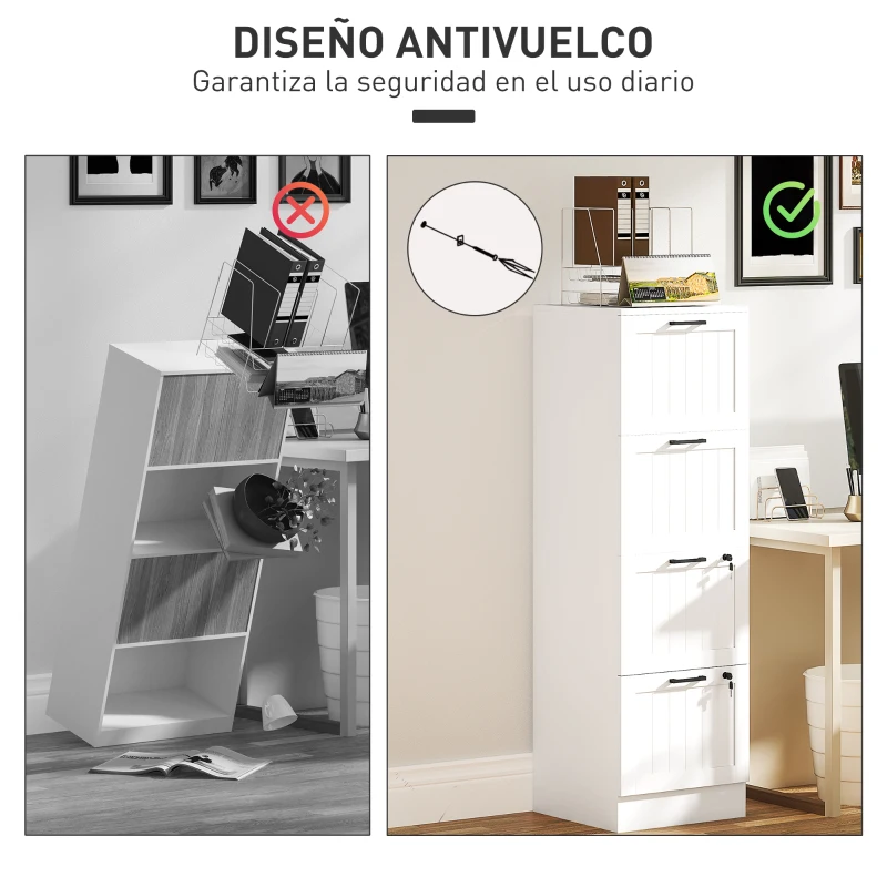 HOMCOM Mueble Archivador con 4 Cajones Cerraduras Carpetas A4 y Carta 40x40x131 cm Blanco