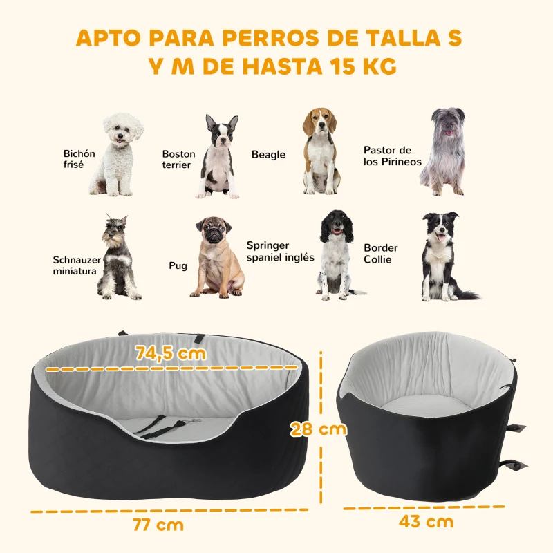 PawHut Asiento de Coche para Perros Pequeños y Medianos de hasta 15 kg con Funda Extraíble y Lavable Base Antideslizante Negro
