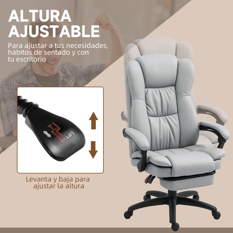 Vinsetto Silla de Oficina con 6 Puntos de Masaje con Altura Ajustable Respaldo Reclinable y Reposapiés Retráctil Gris Claro