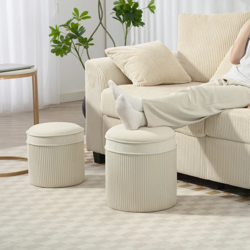 HOMCOM Lot de 2 poufs de rangement en velours, repose-pieds ronds gigognes avec couvercle amovible, Ø 36 et Ø 32 cm, crème