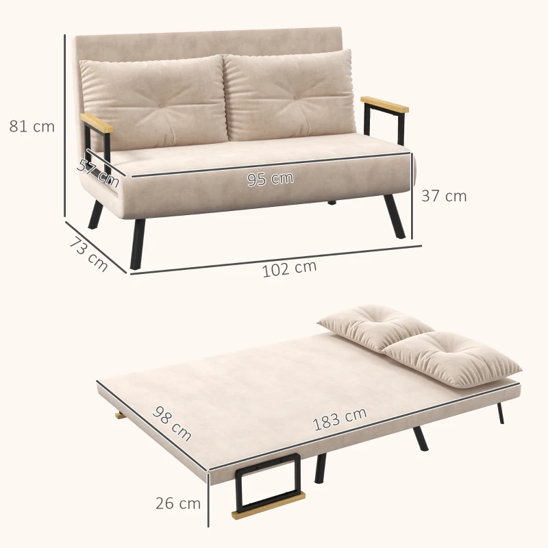 HOMCOM Canapé convertible 2 places avec dossier réglable à 5 niveaux et 2 coussins rembourrés, revêtement effet velours, beige