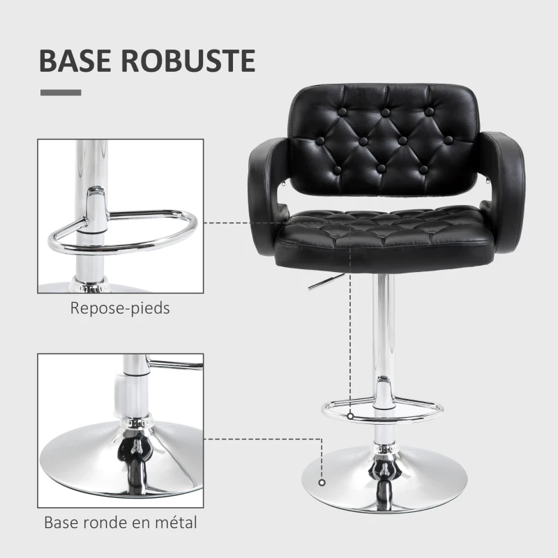HOMCOM Tabouret de bar pivotant chaise de bar réglable en hauteur avec dossier repose-pieds et accoudoirs 61x50x94-114cm noir