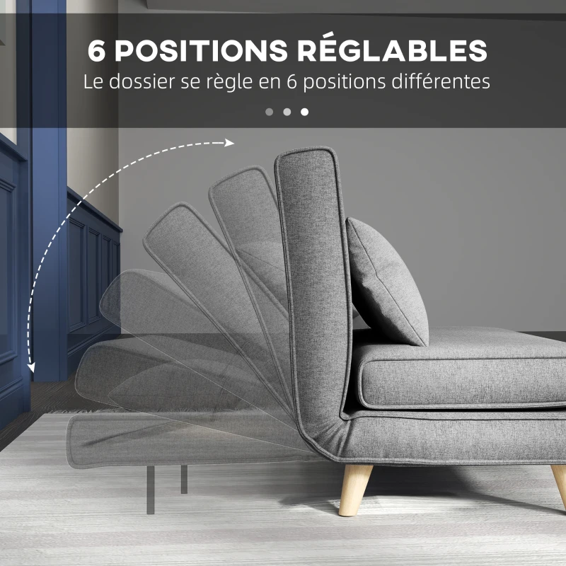 HOMCOM Fauteuil convertible 1 place, fauteuil-lit chauffeuse 3 en 1, dossier réglable, oreiller, tissu en lin, 94x78x80cm, gris