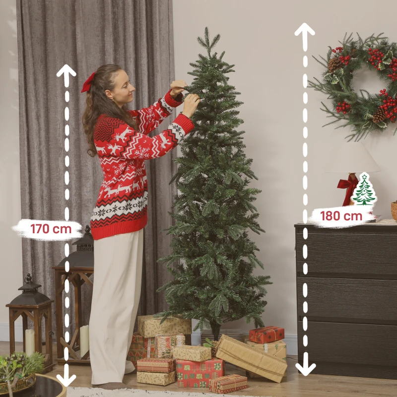 HOMCOM Sapin de Noël artificiel 180 cm, arbre de Noël slim avec 200 lumières 8 modes d'éclairage 605 branches articulées, vert