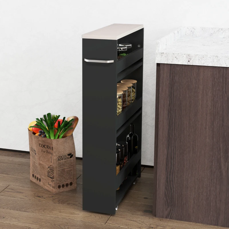 kleankin Carrito Auxiliar con Ruedas de 3 Niveles Carrito de Cocina Estrecho con 3 Estantes Tablero y Asa 48x15x80 cm Negro