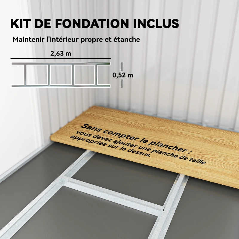 Outsunny Abri de jardin 3,6 m² remise à outils avec kit de fondation en acier galvanisé 280 x 130 x 172 cm, gris clair