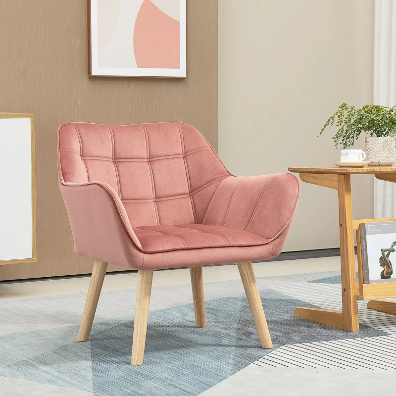 HOMCOM Butaca de Salón Moderna Tapizado en Terciopelo con Asiento Ancho Patas de Madera Sillón Relax para Sala de Estar Rosa