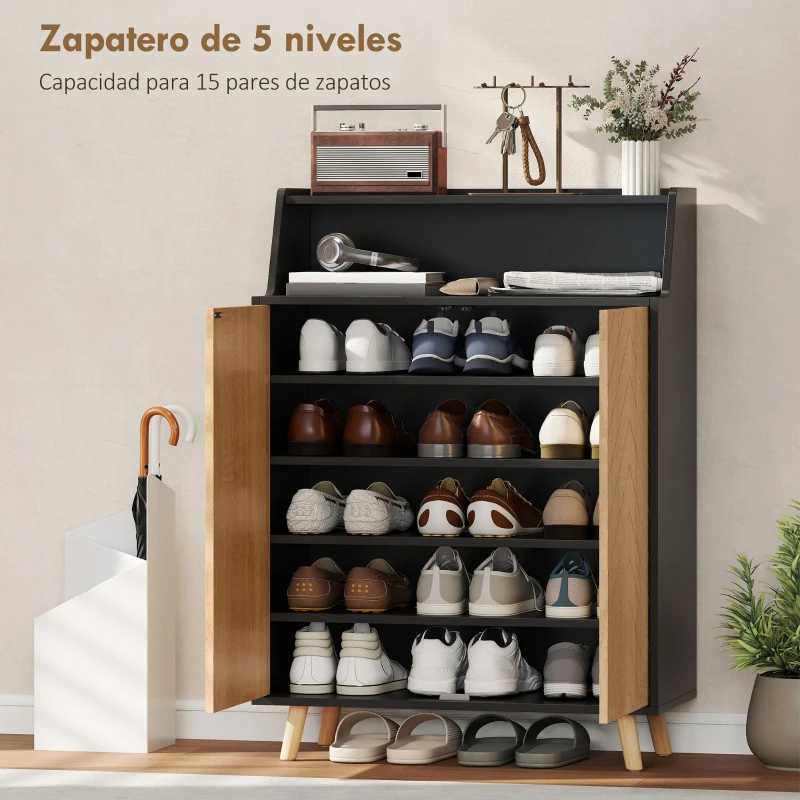 HOMCOM Zapatero Entrada Recibidor con 2 Puertas Estantes Ajustables y Compartimento Abierto 75x35x104 cm Negro y Natural
