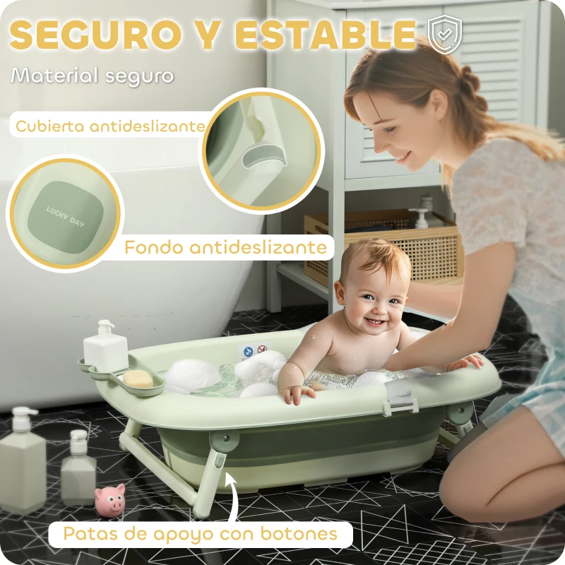 AIYAPLAY Bañera Plegable Bebé con Cojín de Baño Soporte con Botón Orificio de Drenaje y de Ducha Repisa Gancho Verde