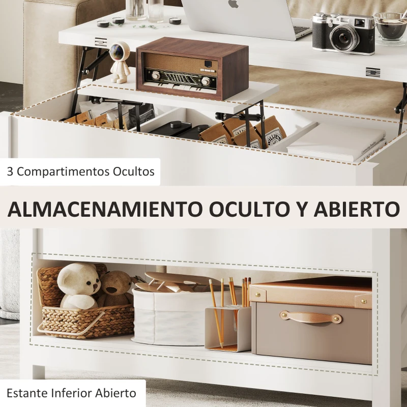 HOMCOM Mesa de Centro Elevable y Extensible con Compartimentos Ocultos Estante Abierto 100x90x64 cm Blanco