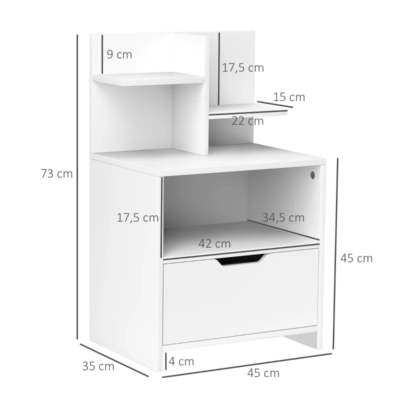 HOMCOM Mesita de Noche Mesilla de Noche Moderna con Cajón y Estantes de Almacenamiento para Salón Dormitorio 45x35x73cm Blanco