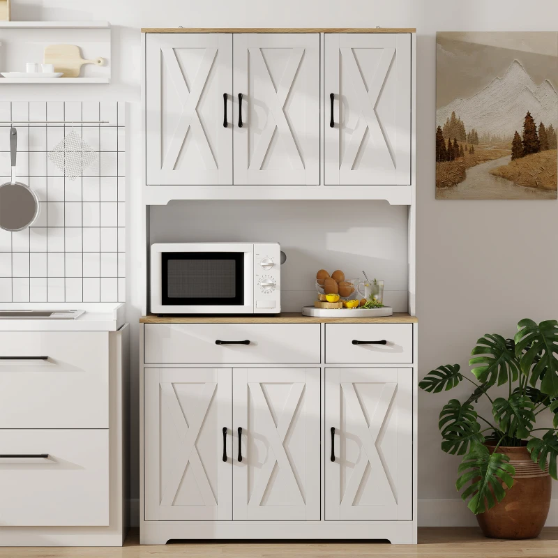 HOMCOM Buffet haut cuisine armoire de cuisine avec 6 portes 2 tiroirs plan de travail étagères réglables 94x39,5x175,2cm blanc