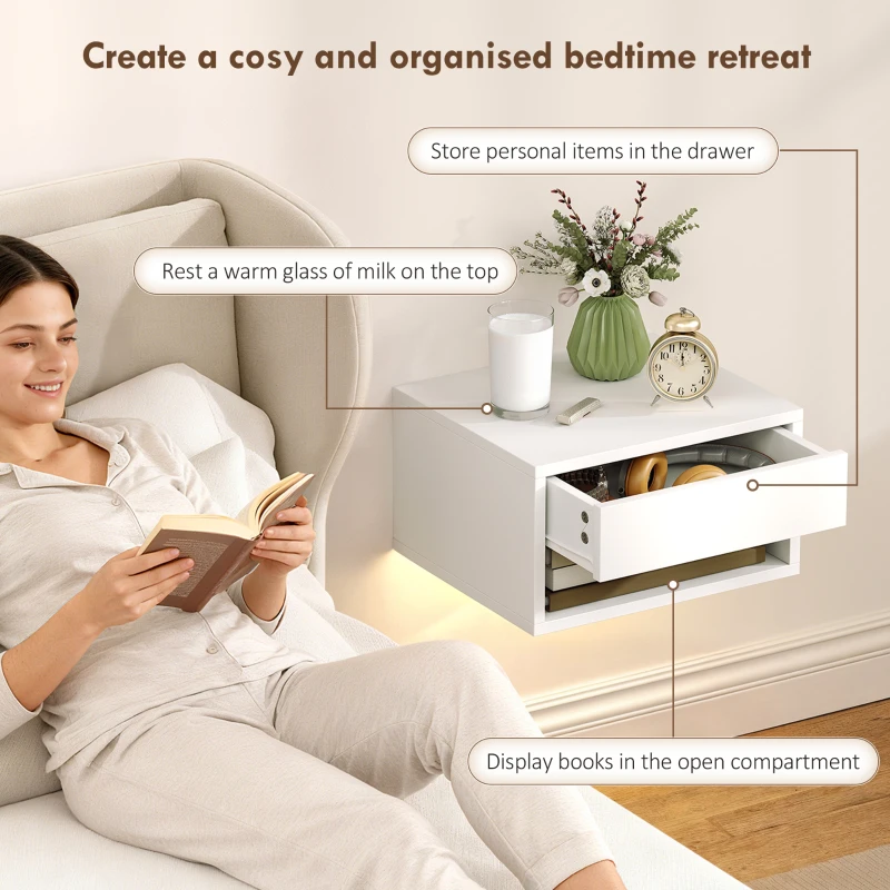 HOMCOM Set 2 Comodini Sospesi con LED RGB Integrati e Regolabili con APP, Cassetto e Ripiano, 37x32x21 cm, Bianco