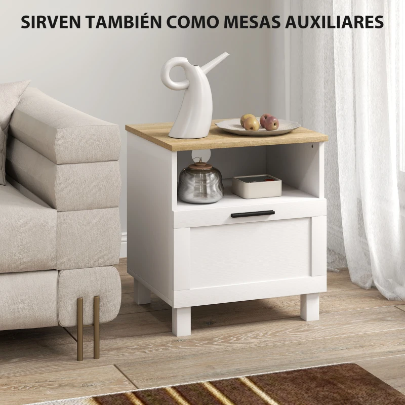 HOMCOM Juego de 2 Mesitas de Noche Mesillas de Noche con Cajón Compartimento Abierto Patas de Madera 45x38x50 cm Blanco
