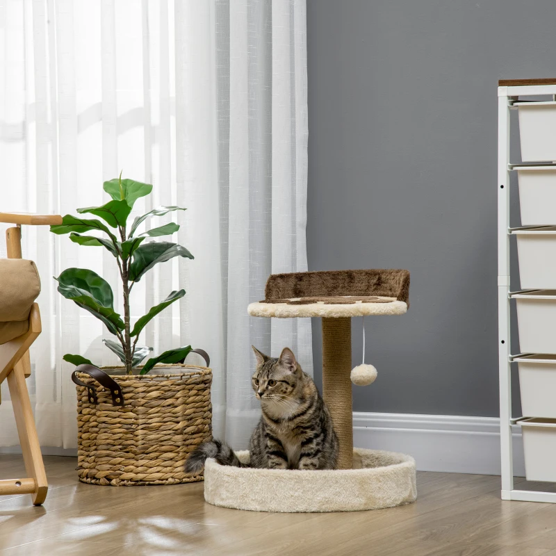 PawHut Árbol Rascador para Gatos Altura 44 cm Torre de Escalada con 2 Camas Poste de Yute, Juguete Colgante Marrón