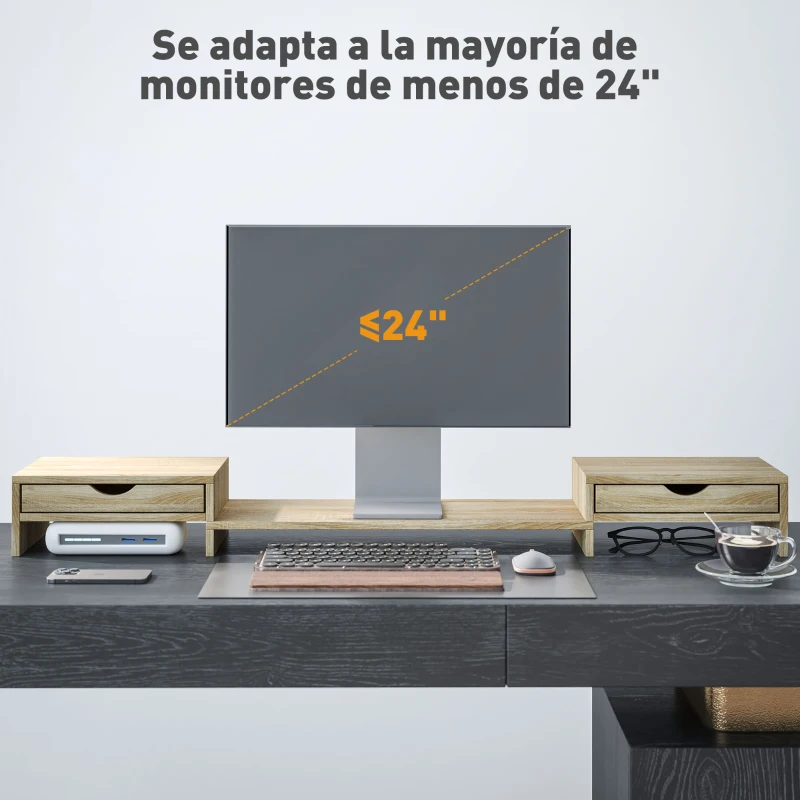 HOMCOM Elevador Monitor Ángulo y Longitud Ajustable con 2 Cajones para Portátil Computadora PC 60-116x22x12 cm Roble