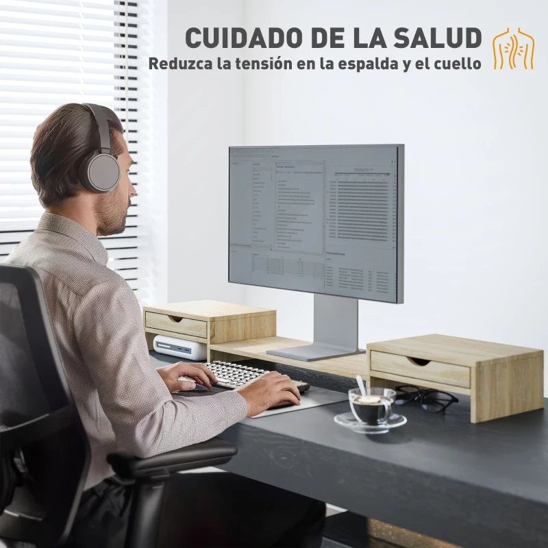 HOMCOM Elevador Monitor Ángulo y Longitud Ajustable con 2 Cajones para Portátil Computadora PC 60-116x22x12 cm Roble