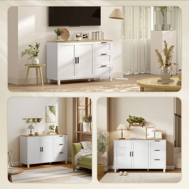 HOMCOM Buffet salon, meuble de rangement, double porte à fermeture amortie, 3 tiroirs et étagère réglable, 120x38x76cm, blanc