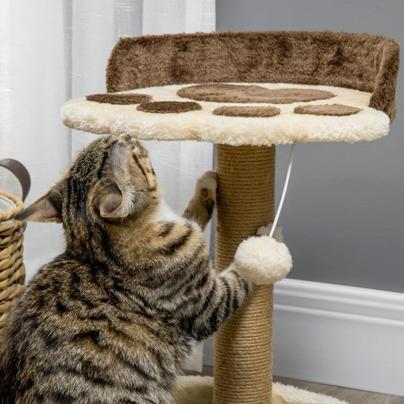 PawHut Árbol Rascador para Gatos Altura 44 cm Torre de Escalada con 2 Camas Poste de Yute, Juguete Colgante Marrón