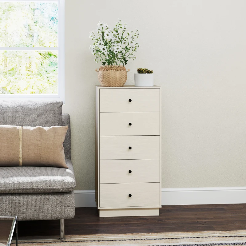 HOMCOM Cómoda de 5 Cajones Estrecha y Alta Mueble Auxiliar para Dormitorio o Pasillo con Tiradores Redondos 47x29x95 cm Beige