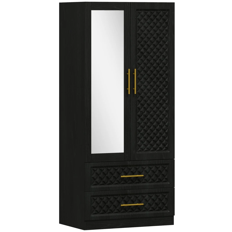 HOMCOM Armario Ropero con Espejo 2 Puertas y 2 Cajones Relieve de Diamante Barra para Colgar 80x50x180 cm Negro