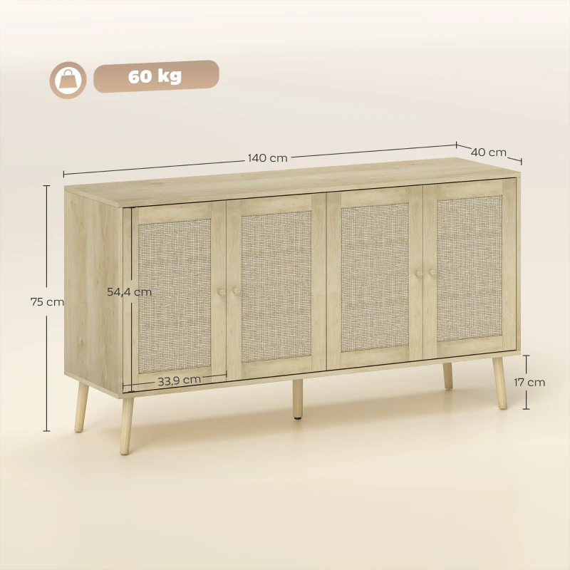 HOMCOM Sideboard mit Geflecht-Türen & verstellbaren Böden, 140 x 40 x 75 cm, Naturholzoptik