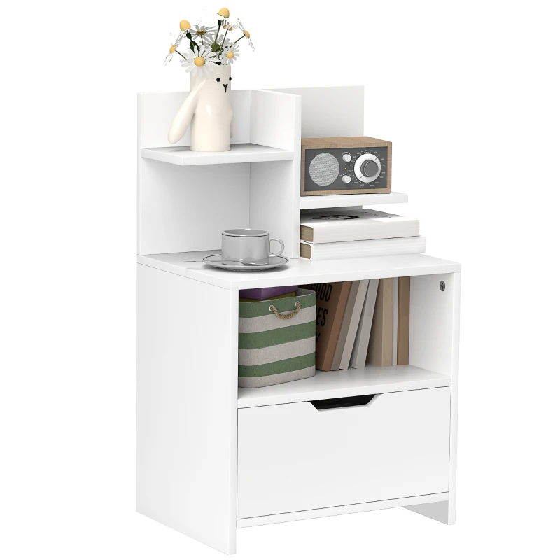 HOMCOM Mesita de Noche Mesilla de Noche Moderna con Cajón y Estantes de Almacenamiento para Salón Dormitorio 45x35x73cm Blanco