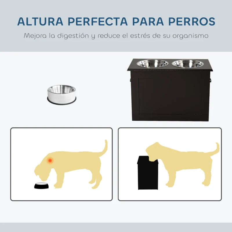 PawHut Comedero Elevado para Perros Grandes con 2 Cuencos de 2000ml y Almacenamiento Oculto 60x30x41 cm Marrón Oscuro
