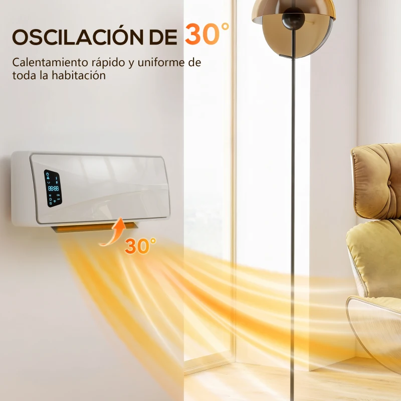 HOMCOM Calefactor Eléctrico Bajo Consumo de Pared 2000W con 3 Modos Pantalla LED Termostato Temporizador y Oscilación Blanco
