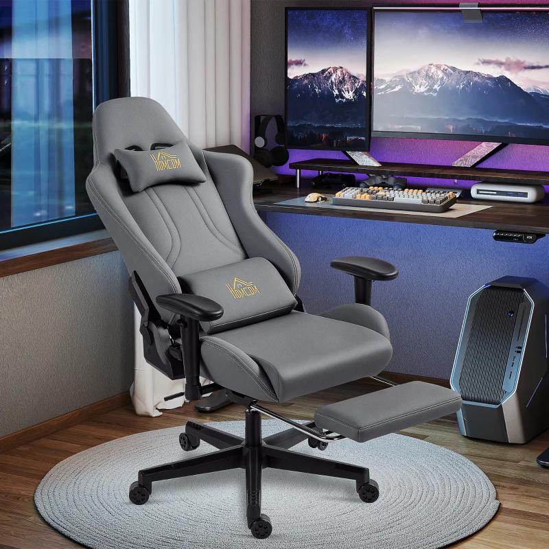 HOMCOM Chaise gaming ergonomique, fauteuil gamer avec accoudoirs 3D, dossier inclinable, hauteur réglable, 72x76x132cm, gris