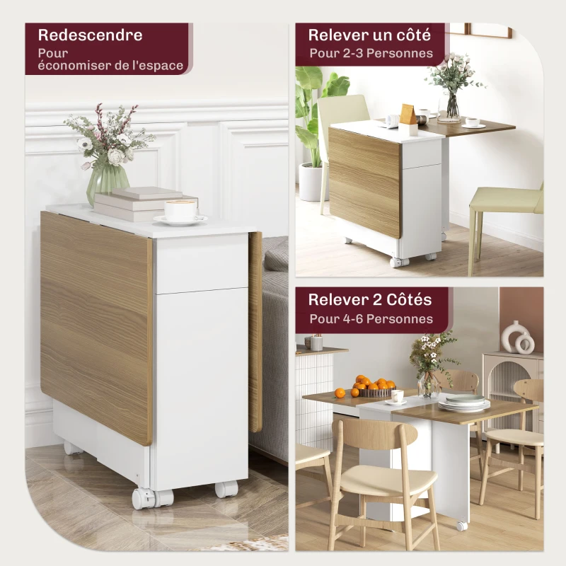 HOMCOM Table à manger pliable pour 6 personnes, table de cuisine sur roulettes avec 2 tiroirs 2 placards, 140x76x74cm, blanc