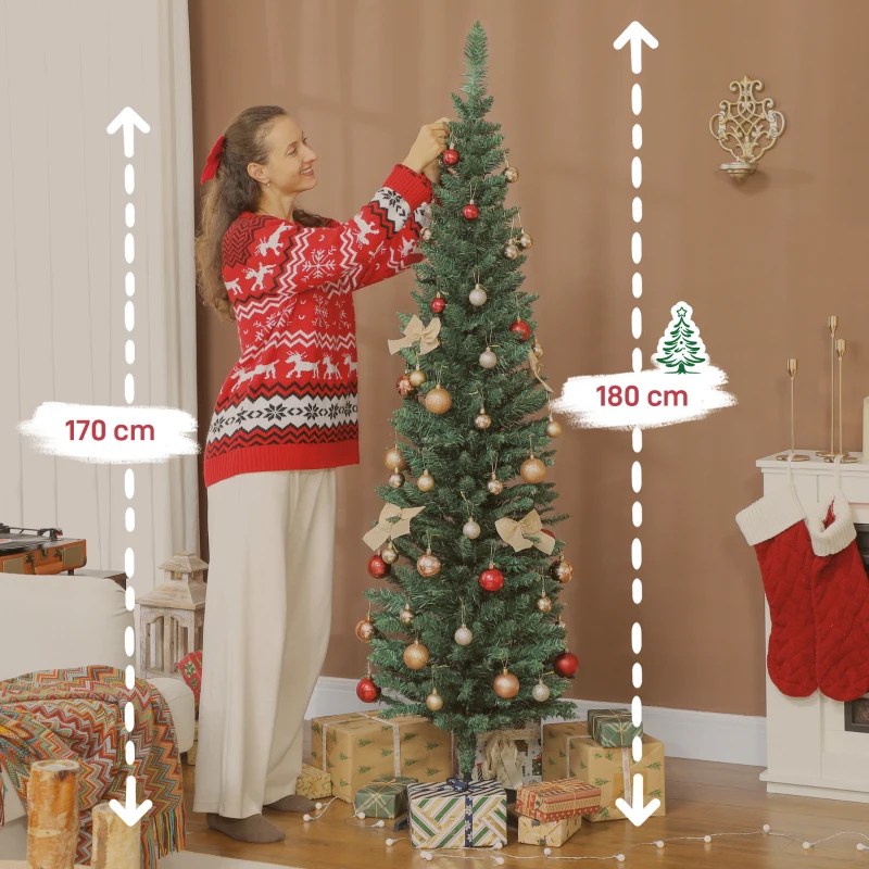 HOMCOM Sapin de Noël artificiel 180 cm, arbre de Noël slim, 321 pointes, facile à monter et ranger, pour maison bureau, vert