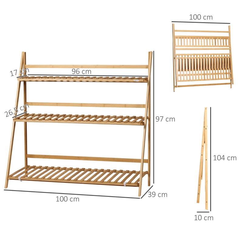 Outsunny Étagère à plantes étagère à fleurs en bambou pyramidale pliable 3 étagères 100 x 39 x 97cm naturel