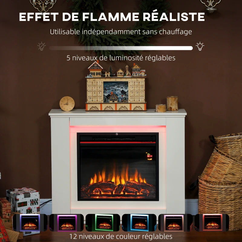 HOMCOM Cheminée électrique 1000W/2000W fausse cheminée effet flamme à 12 couleurs et 5 luminosités réglables 98x25x80cm blanc