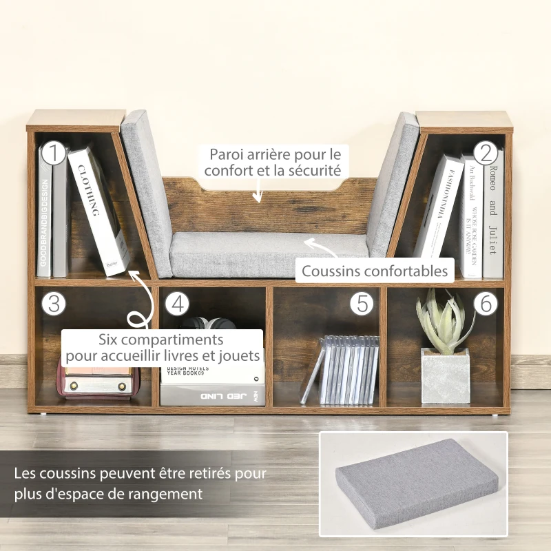 HOMCOM Bibliothèque banc 2 en 1 avec coussins de siège, étagère cube 6 compartiments ouverts, 102 x 30 x 61 cm, brun rustique