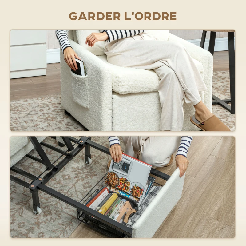 HOMCOM Fauteuil convertible 1 place, fauteuil-lit avec rangement caché, assise large et rembourrée, 72 x 85,5 x 91 cm, crème