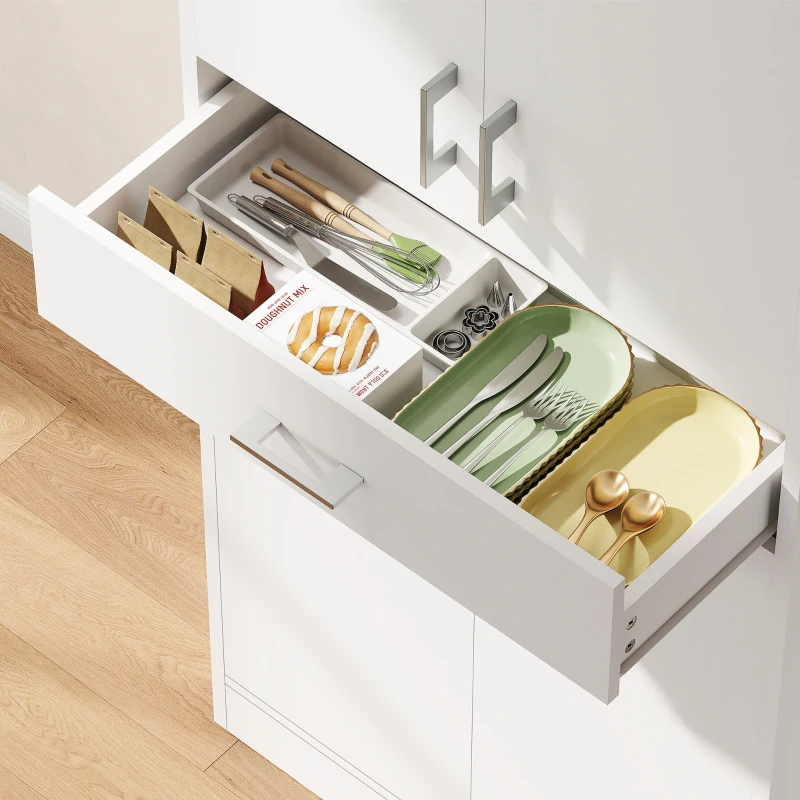 HOMCOM Buffet haut armoire de cuisine 4 portes 2 placards et 1 tiroir central hauteur 180 cm avec 2 étagères réglables blanc