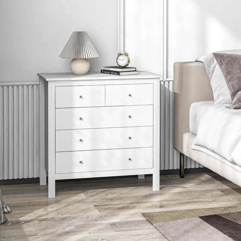HOMCOM Commode à 5 tiroirs, meuble de rangement, avec poignées, glissières métalliques,  en bois, 79l x 39,5P x 80,5H cm, blanc