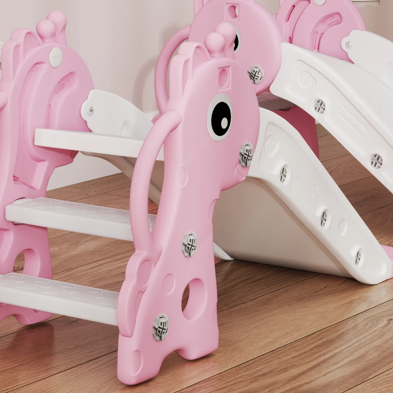 AIYAPLAY Scivolo bambini 3-in-1 a forma di giraffa con canestro e pallone, 106×51,5×52 cm, Rosa