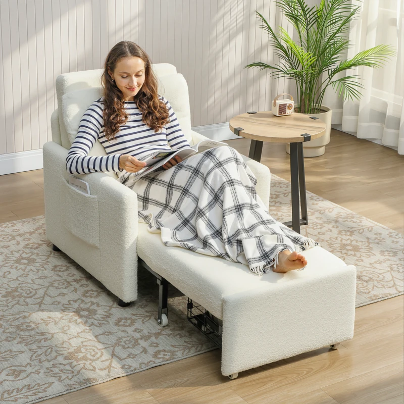 HOMCOM 1-Seat Convertible Chair Bed with Hidden Storage & Side Pockets, Wide Padded Seat, Cream