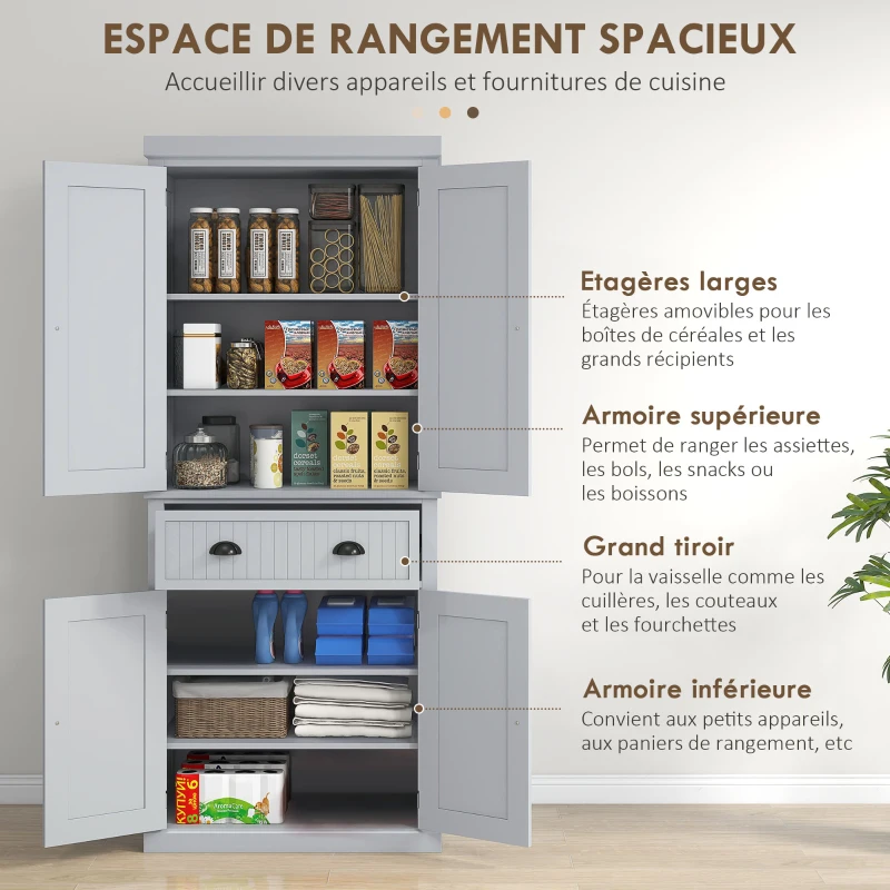 HOMCOM Armoire de cuisine buffet cuisine multi-rangements étagères réglables 4 portes et grand tiroir 76,2 x 40,2 x 183 cm gris