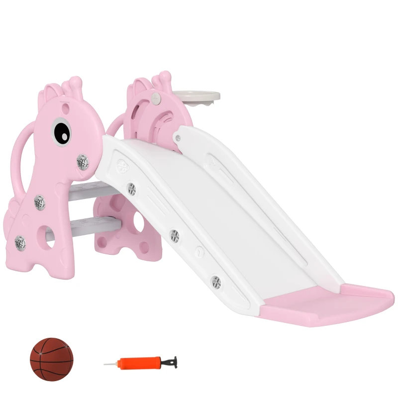 AIYAPLAY Scivolo bambini 3-in-1 a forma di giraffa con canestro e pallone, 106×51,5×52 cm, Rosa